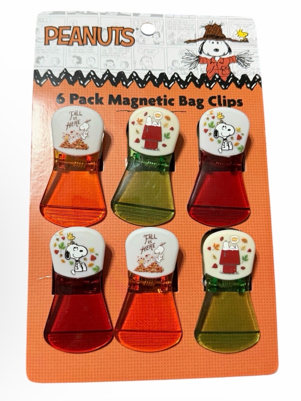rare Peanuts Snoopy & Woodstock Fall Autumn Theme 6-Pack Magnetic Bag Clips new